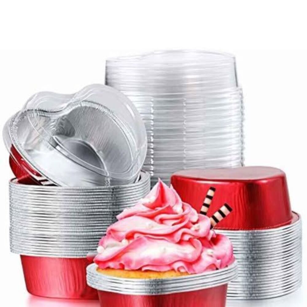 200 Sets Mini Heart Shaped Cake Pans with Lids 3.4oz/100ml Aluminum Foil Heart C
